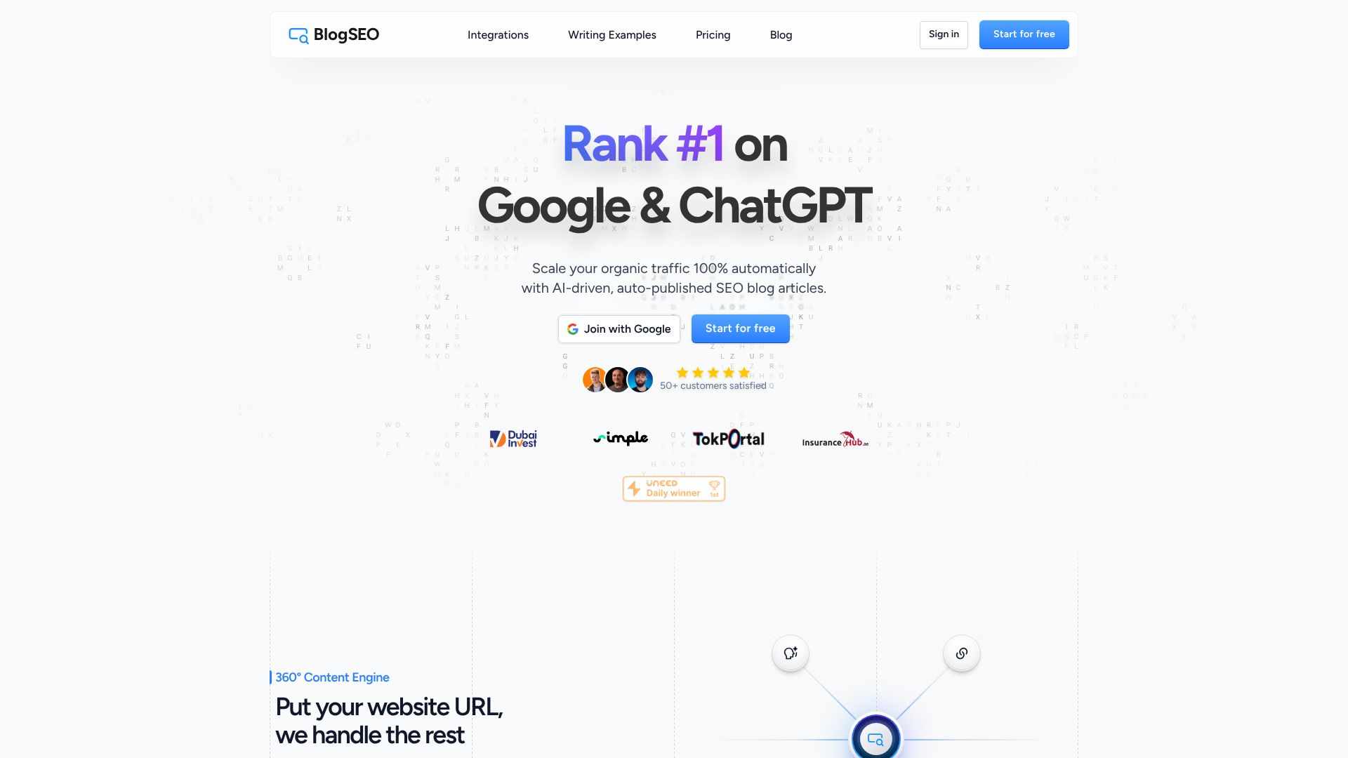 BlogSEO website highlighting its automatic content publishing feature