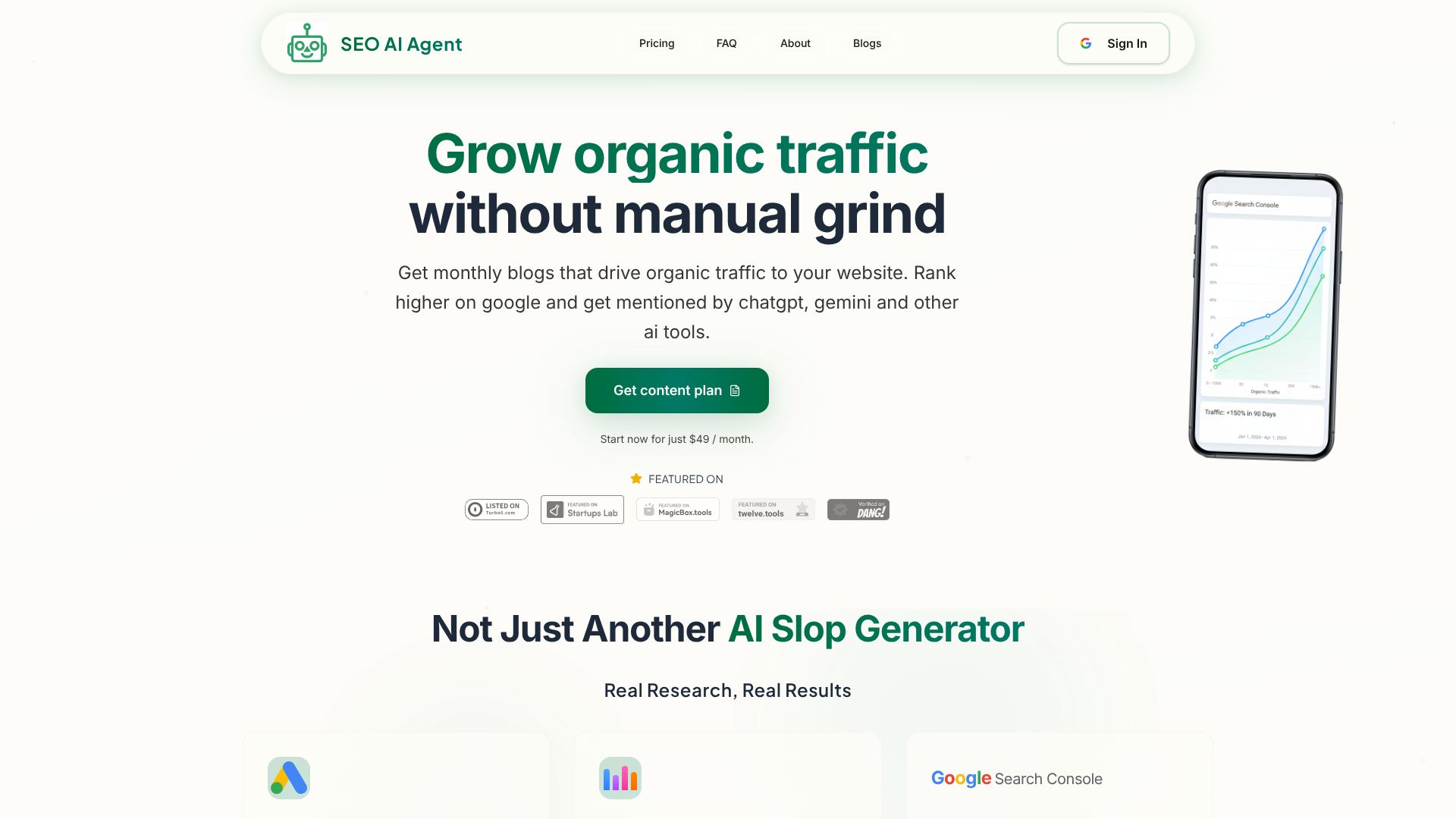 SEO AI Agent dashboard showing features for organic traffic growth